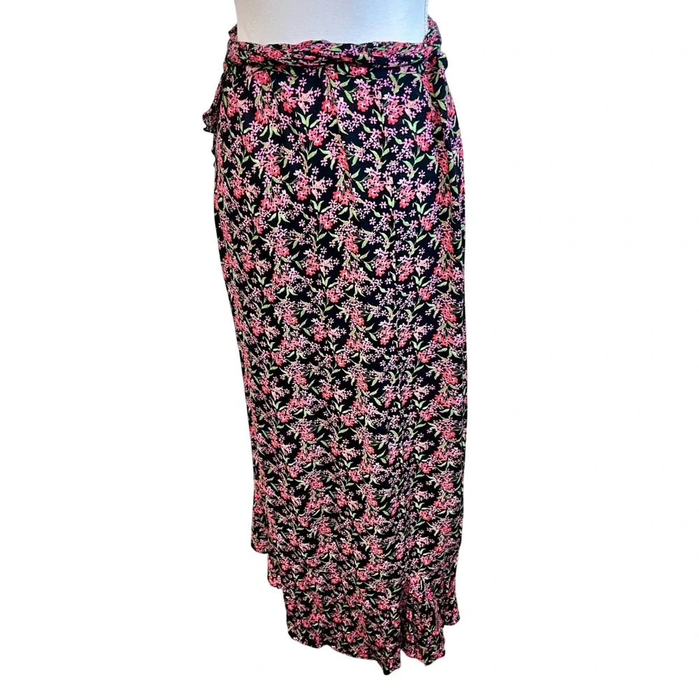 Vintage MARONIE Black Pink Floral Wrap Maxi Skirt Cottage Coquette Romantic‎ Y2K